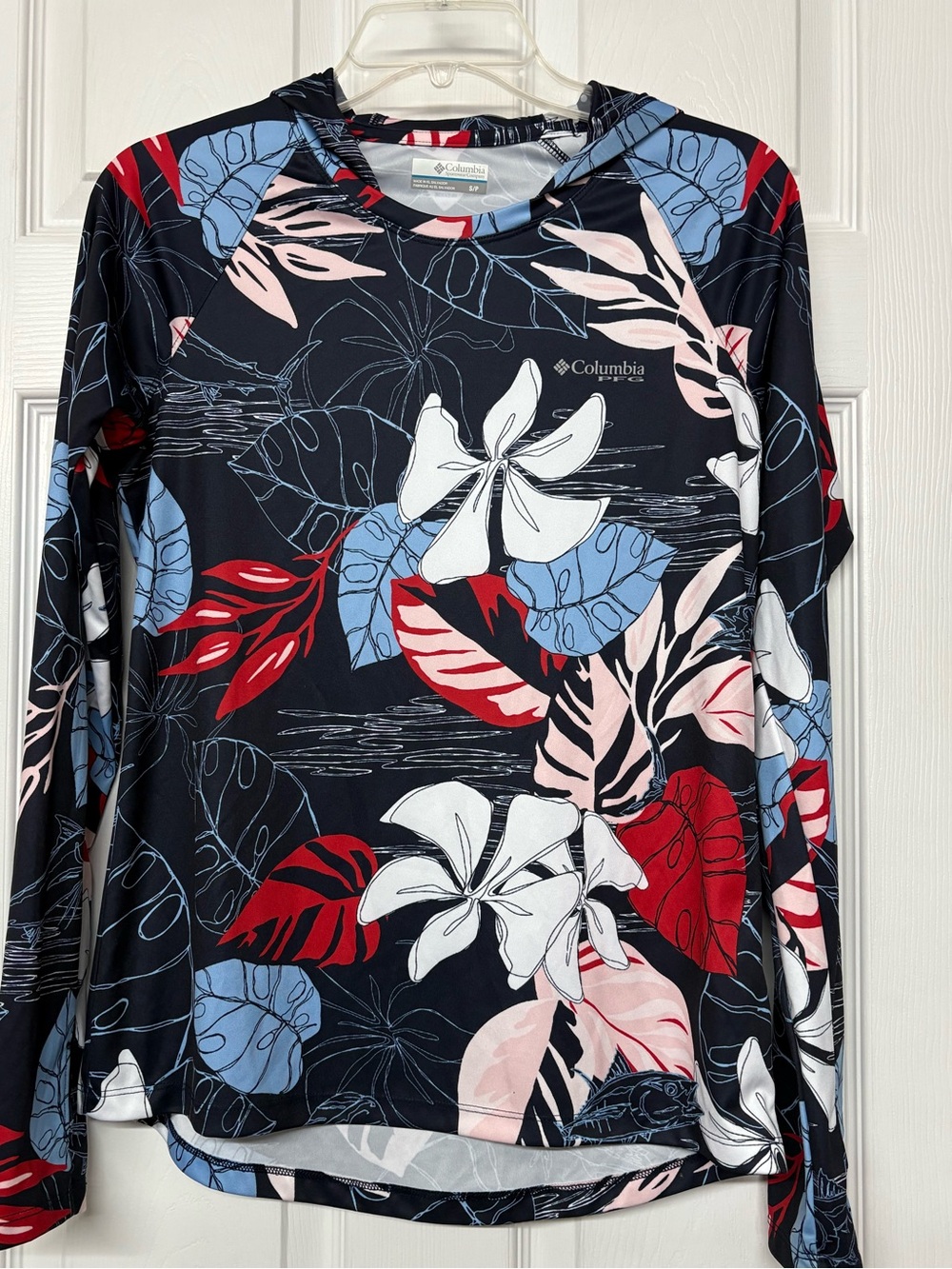 Columbia PFG Tropical Floral Print Omni Shade Hooded  Activewear Shirt Sz S